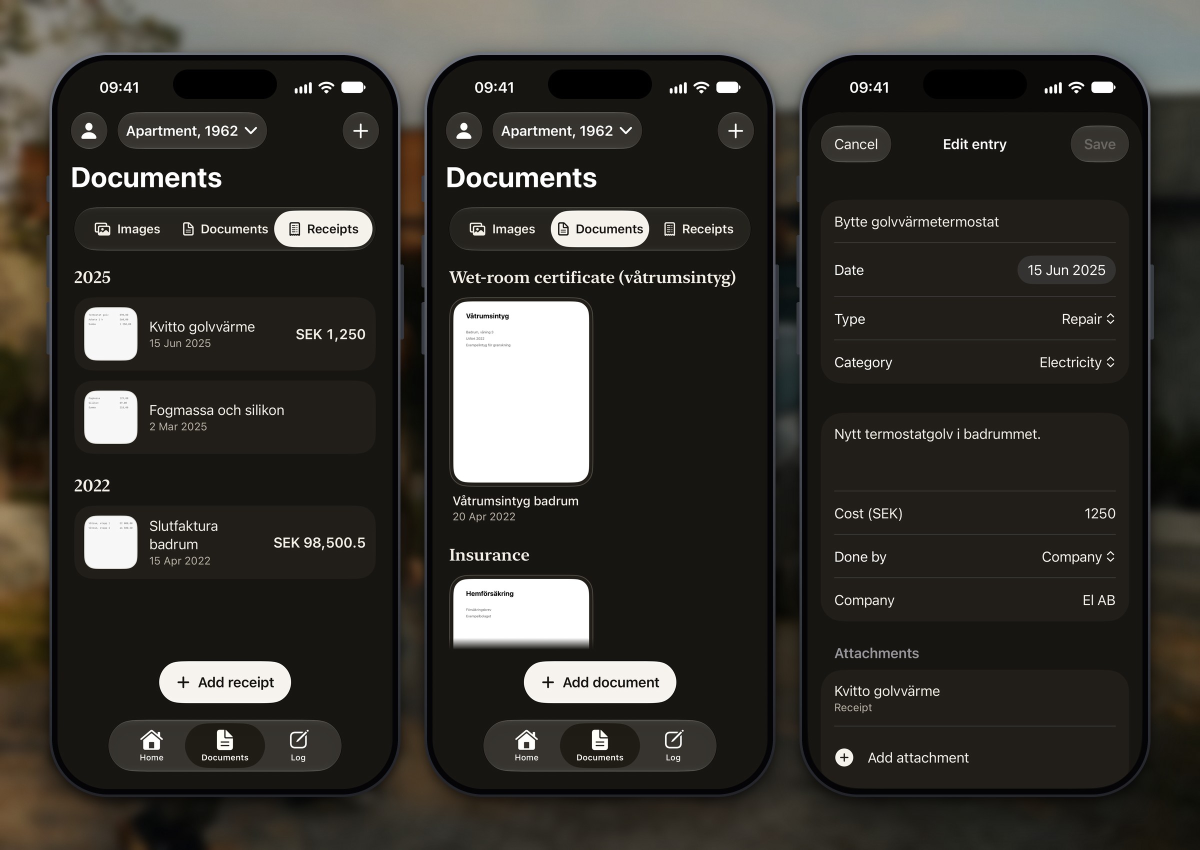 Three Hemma screens: Receipts with amounts, Documents with a wet-room certificate and an insurance letter, and a log entry being edited with a receipt attached.